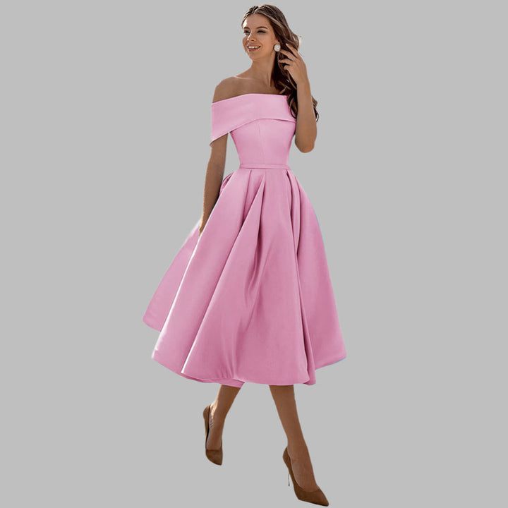 Classic women's off-shoulder evening dress, vintage-inspired A-line prom gown.