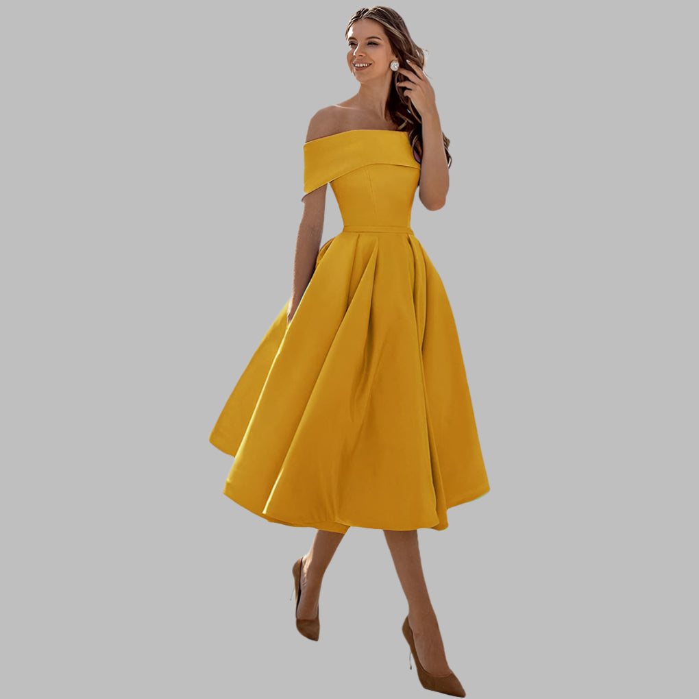 Tea-length vintage off-shoulder prom dress for women, elegant formal wear.