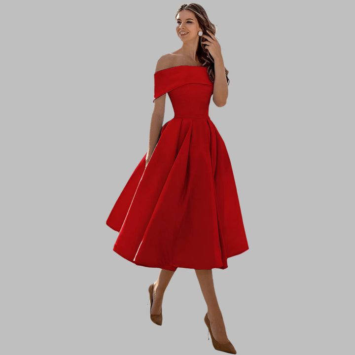Women's A-line party dress, off-shoulder design, vintage tea-length style.
