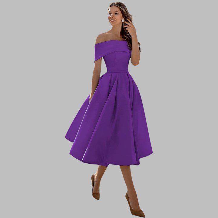 Sophisticated women's off-shoulder formal dress, vintage A-line prom gown.