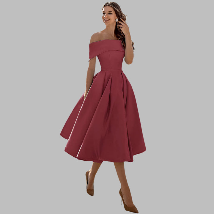 Off-shoulder vintage A-line prom dress, tea-length evening wear for women.