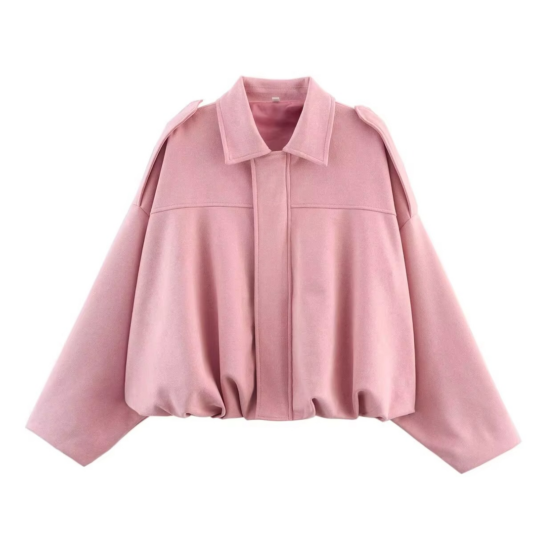 Trendy women's oversized bomber jacket in vintage style, comfortable and fashionable outerwear.