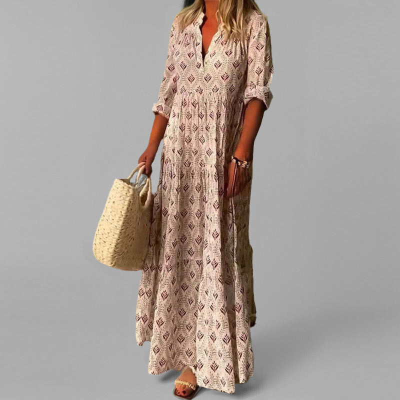 Women's vintage print cotton maxi dress with V-neck, perfect for summer casual wear and boho style.