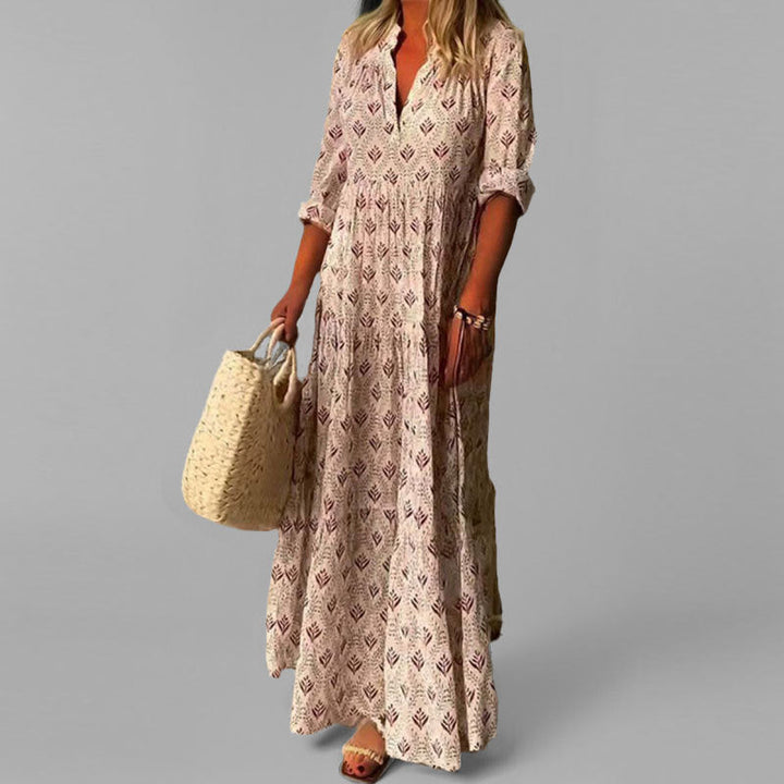Women's vintage print cotton maxi dress with V-neck, perfect for summer casual wear and boho style.
