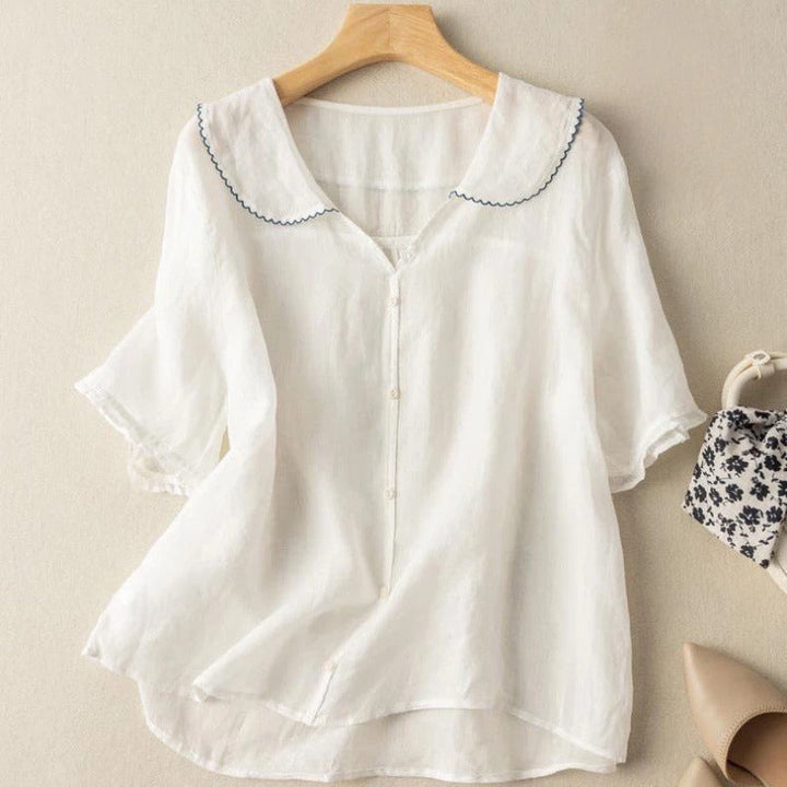 Chic women's vintage blouse with elegant button detail, long sleeves, offering a timeless and feminine sophisticated look.