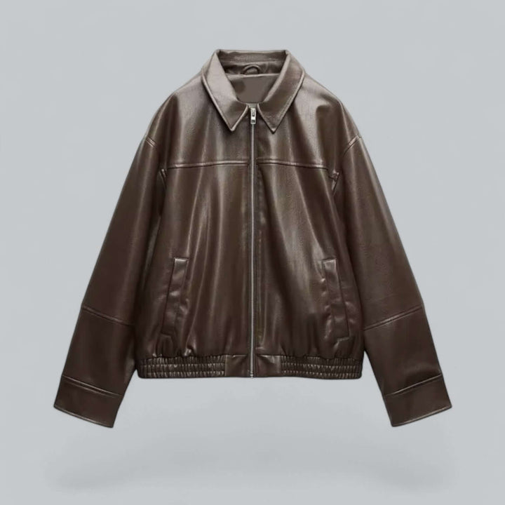 Stylish women's vintage look faux leather jacket. Essential outerwear for a chic fall wardrobe.