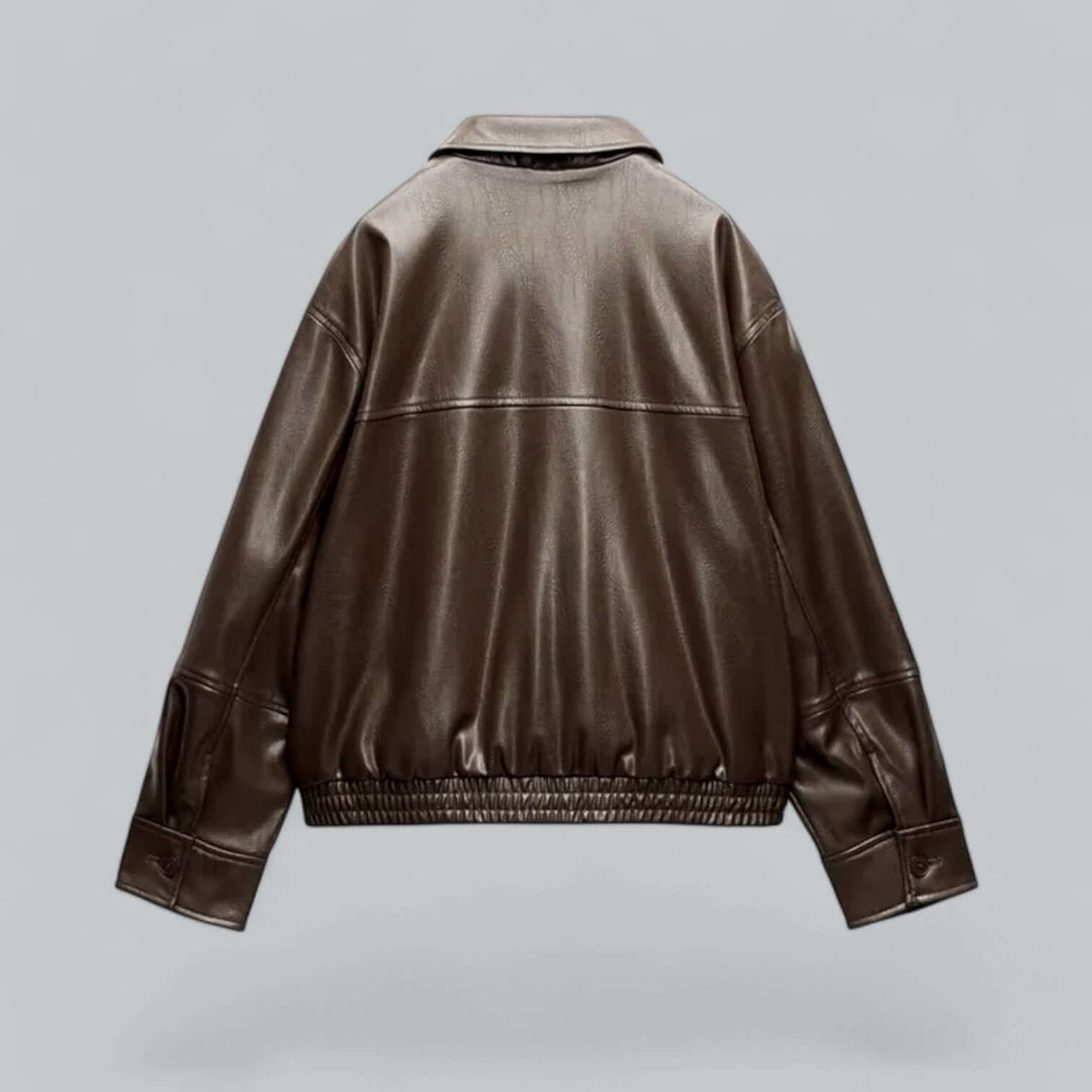 Faux leather women's jacket with a vintage style. Durable and warm winter outerwear.
