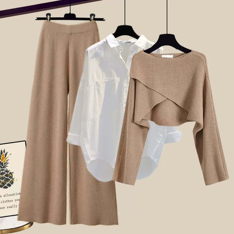 Women's vintage three-piece casual set featuring a cozy sweater, matching shirt & comfortable pants for fall fashion.