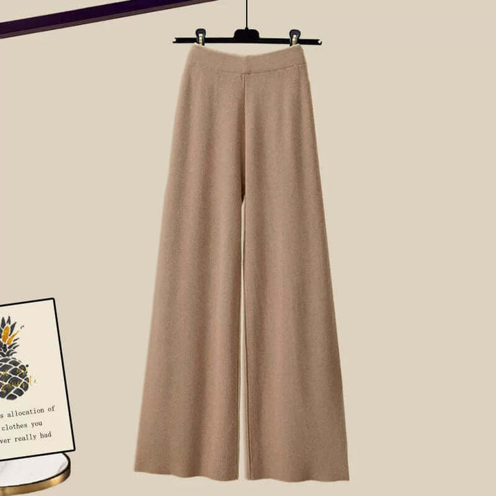 Stylish women's vintage casual set with a relaxed fit sweater, long-sleeve shirt, and soft matching pants.