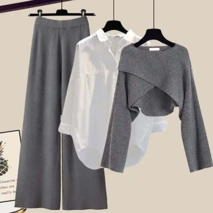Comfortable ladies' vintage three-piece outfit for casual wear, blending fashion, shirt, sweater & pants.