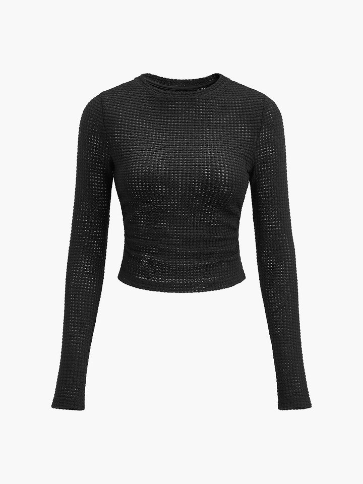 Women's crew neck long sleeve top, slim fit design. Waffle knit texture, perfect for versatile wear.