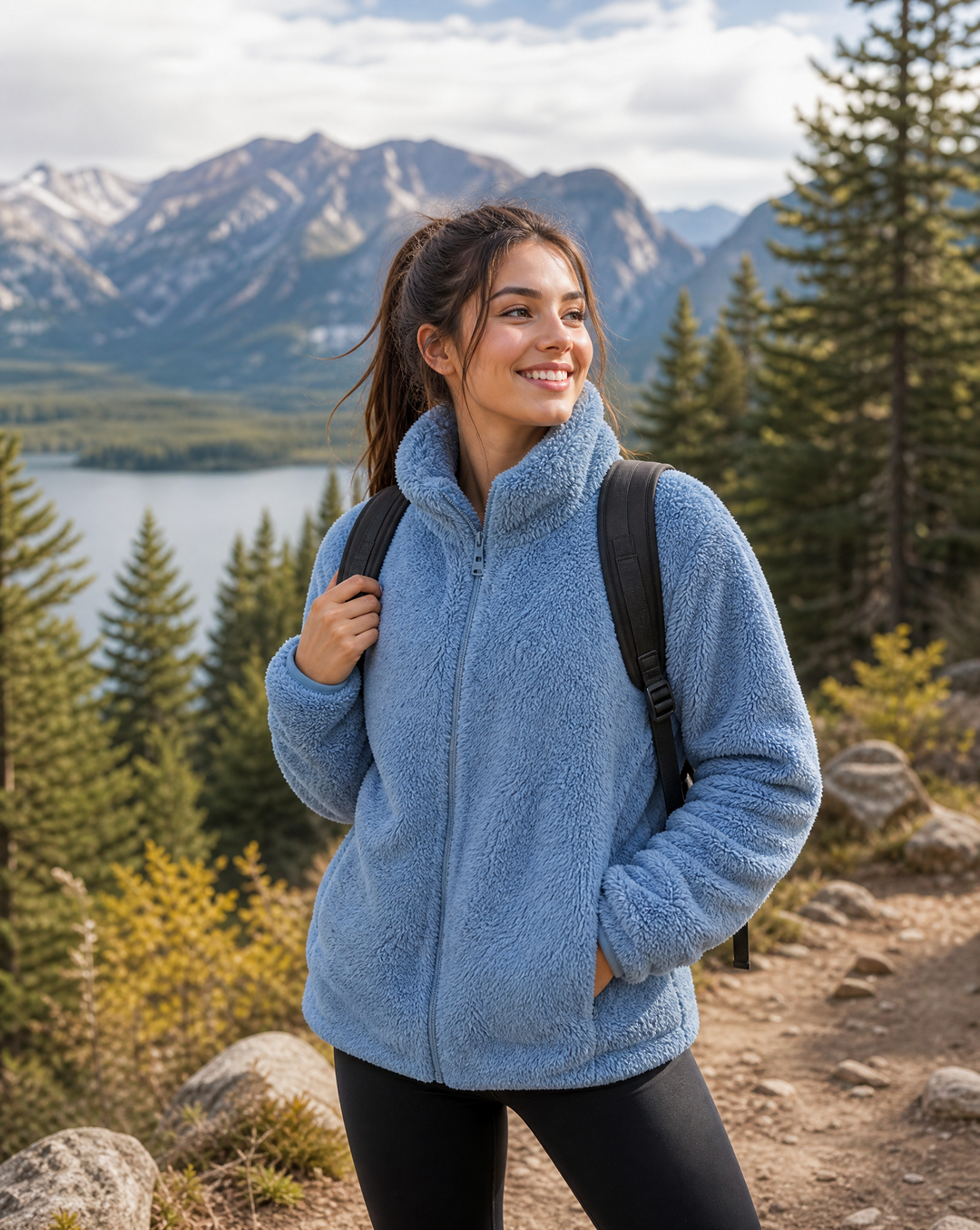 Women's warm cozy fleece jacket in classic black, perfect for winter layering & comfort.