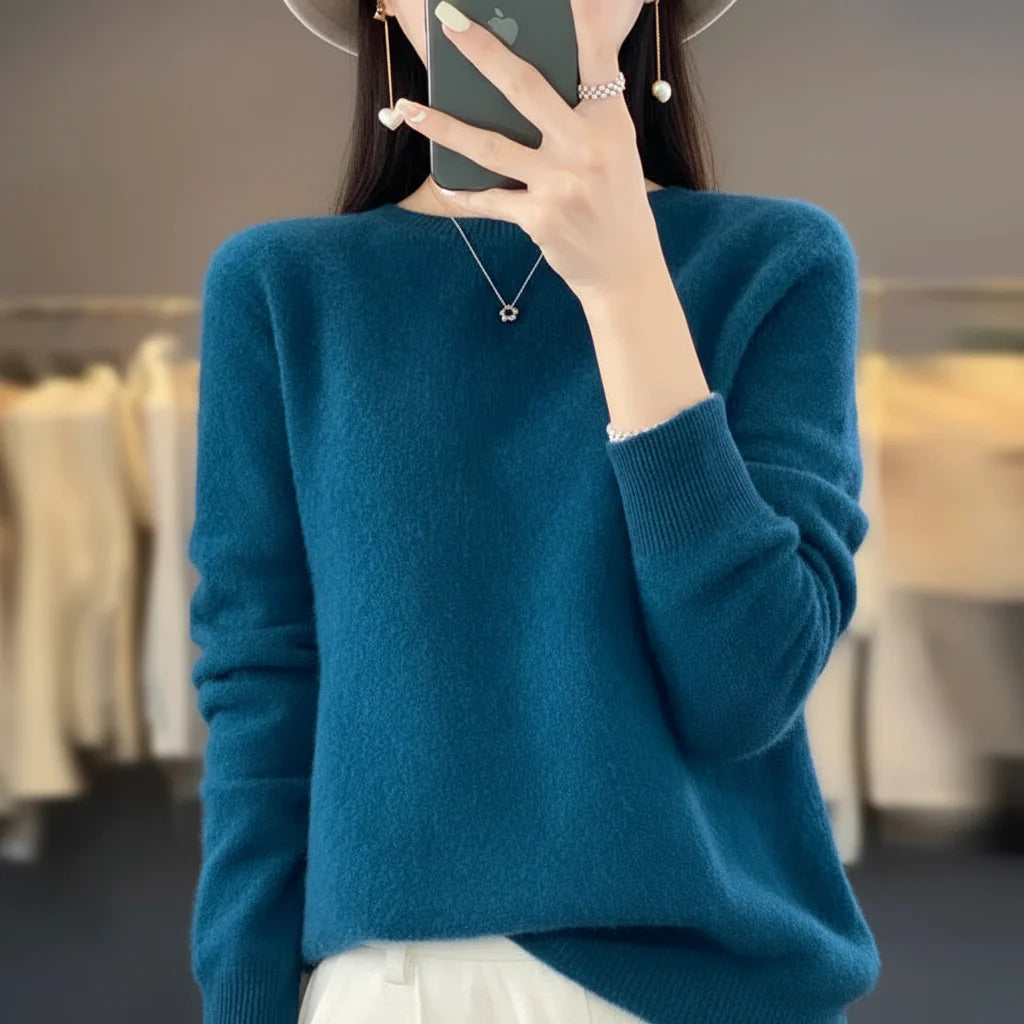 Comfortable women's warm crewneck pullover sweater, essential for cozy winter style.