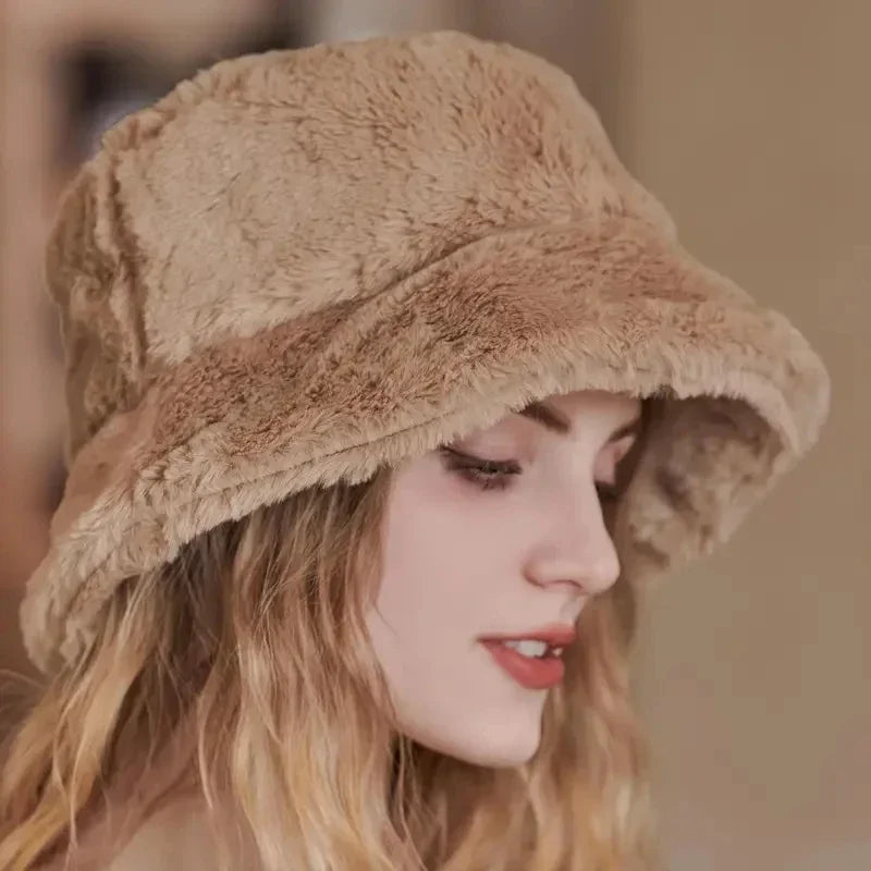 Women's warm faux rabbit fur bucket hat for autumn & winter.