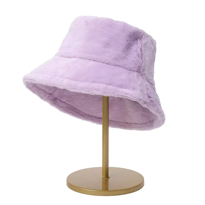 Stylish ladies faux fur bucket hat, warm headwear for autumn & winter fashion.