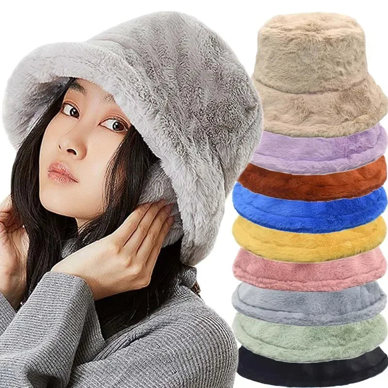 Cozy faux rabbit fur bucket hat for women, perfect for autumn and winter.