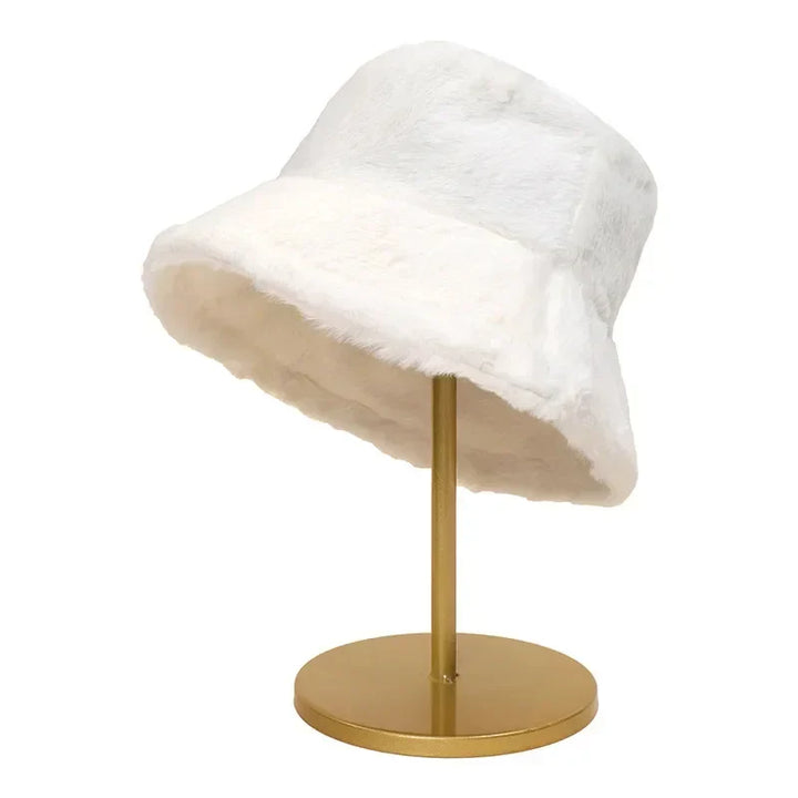 Soft and warm faux rabbit fur bucket hat, cozy headwear for autumn women.