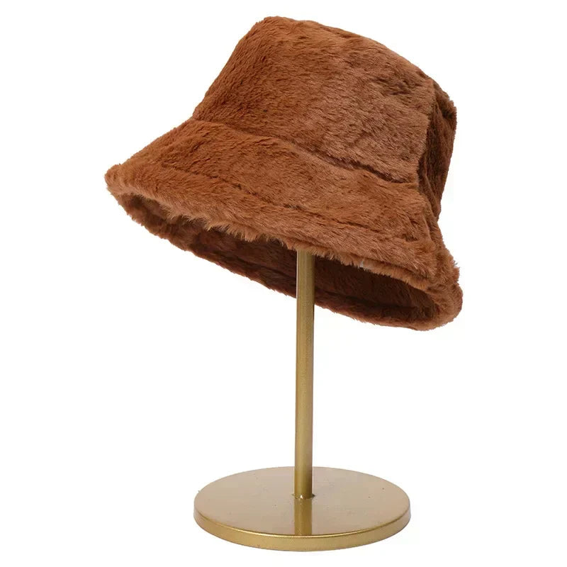 Super soft faux rabbit fur bucket hat for women, a cozy and warm winter accessory.