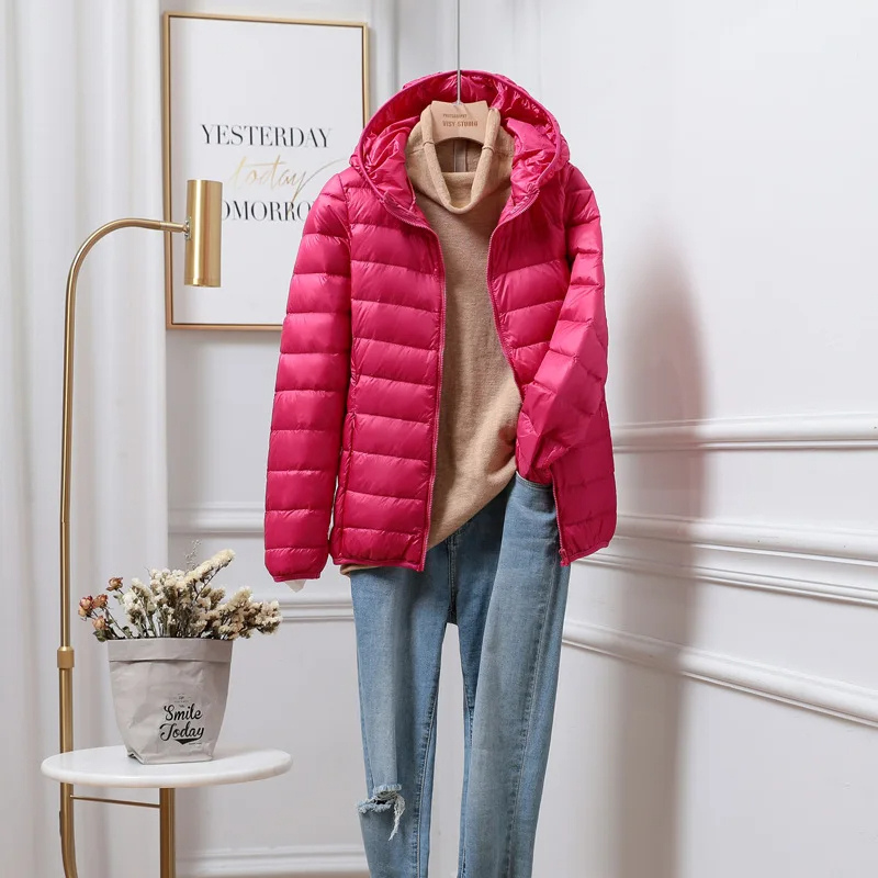 Modern women's hooded puffer jacket with practical zip-up design, perfect for winter outfits.