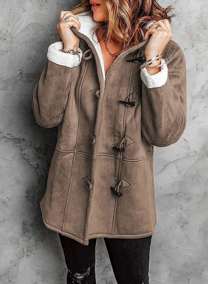 Elegant women's hooded winter coat, offering a sophisticated yet cozy style for winter fashion.