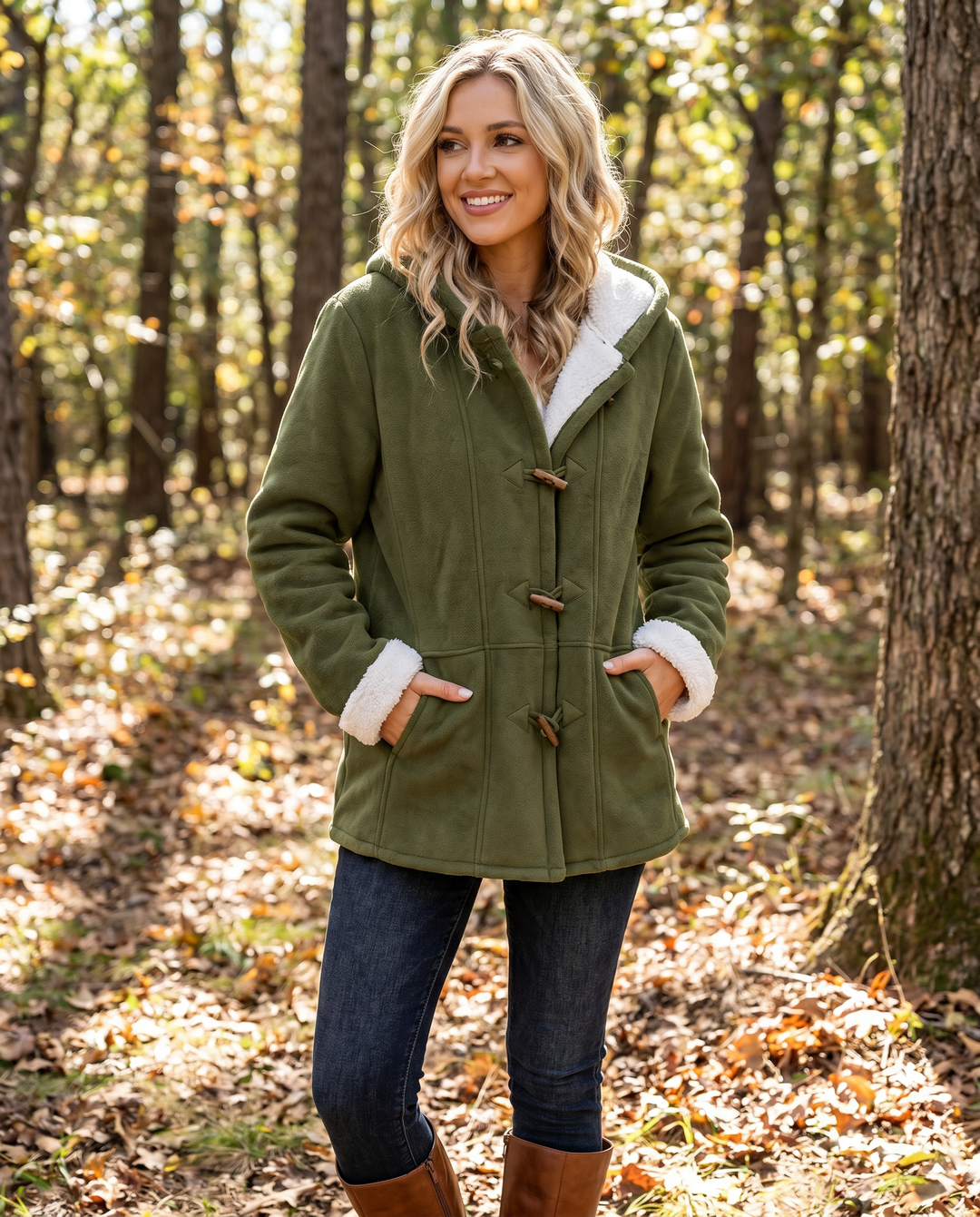 Stylish women's hooded winter coat with classic toggle closures, providing warm outerwear for chilly days.