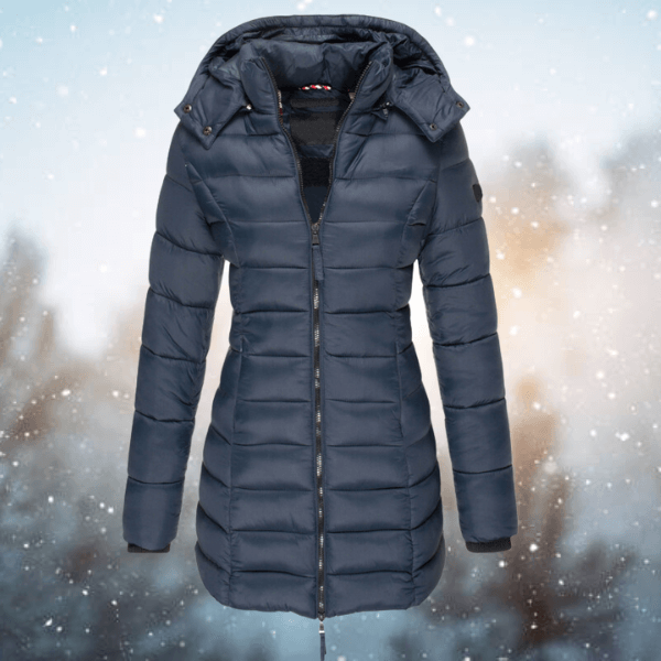 Women's warm longline padded puffer jacket in black, ideal for cold winter weather & outdoor fashion.