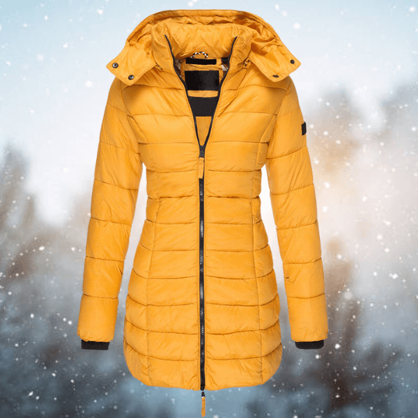 Stylish women's longline padded puffer jacket, perfect for winter fashion, warmth, and cold protection.