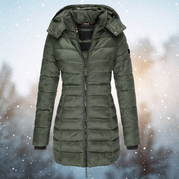 Warm women's longline puffer jacket, padded for ultimate winter comfort and protection against chilly days.