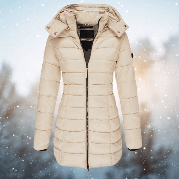 Ladies longline padded puffer outerwear jacket, offering extended coverage and warmth for the winter season.