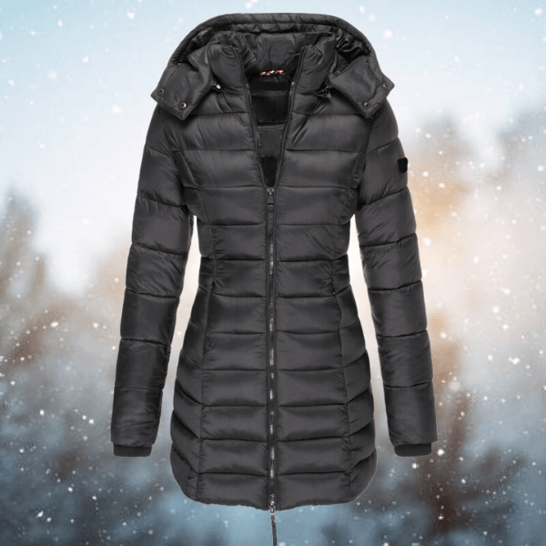 Women's longline winter puffer jacket, fully padded & warm, an essential stylish outerwear for cold days.