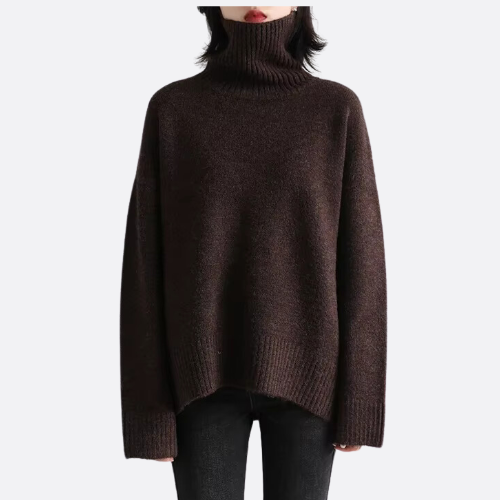 Women's warm oversized turtleneck sweater in soft knit, perfect for cozy winter fashion & cold weather.
