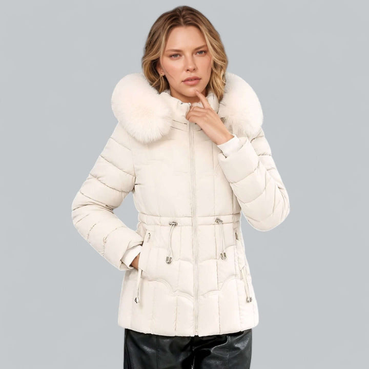 Plush, warm women's padded parka coat with a luxurious faux fur hood, perfect for winter.