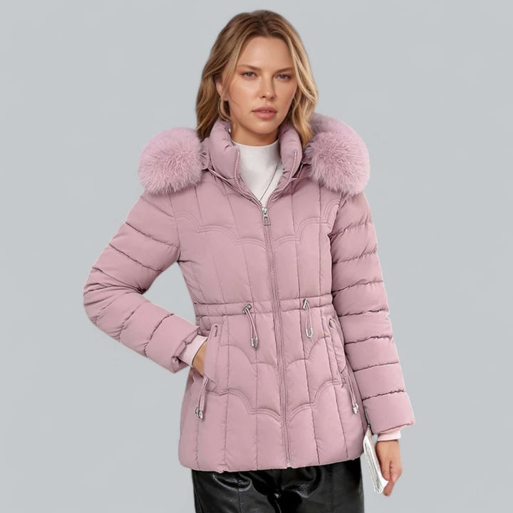 Stylish women's warm winter parka coat, padded, with adjustable fit & cozy faux fur hood.
