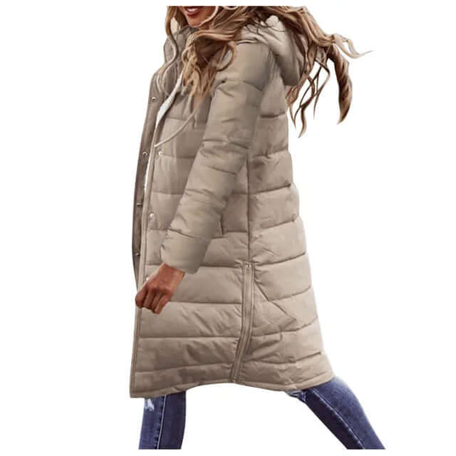 Women's warm padded winter coat with a cozy hood, perfect for cold weather style.