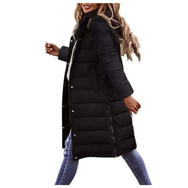 Protective hooded women's padded winter coat, offering warmth and style against cold weather.