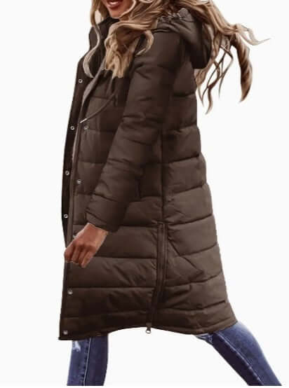 Versatile women's padded winter outerwear with a cozy hood, essential for cold weather fashion.