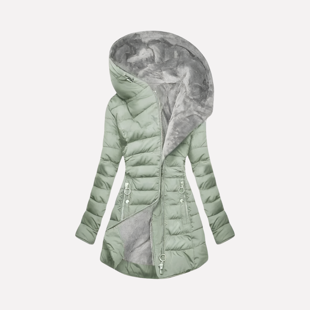 Women's warm winter coat with hood, zipper closure, and long sleeves for ultimate cold weather protection.