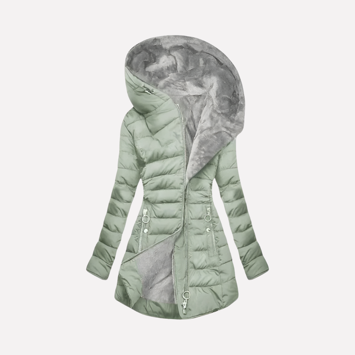 Women's warm winter coat with hood, zipper closure, and long sleeves for ultimate cold weather protection.