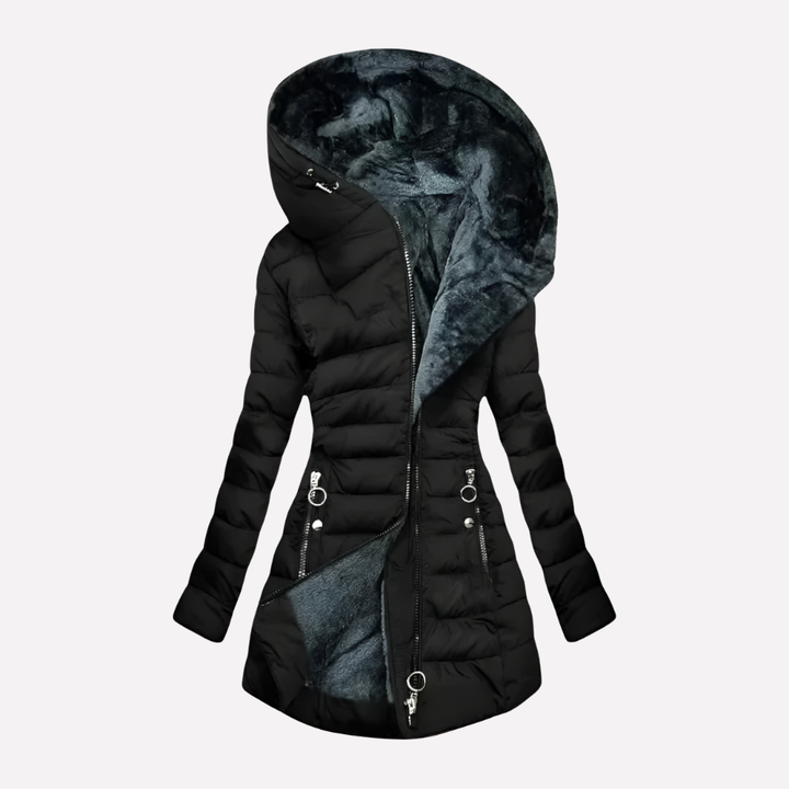 Stylish women's hooded winter coat, mid-length, with zipper, perfect for everyday wear in cold weather.