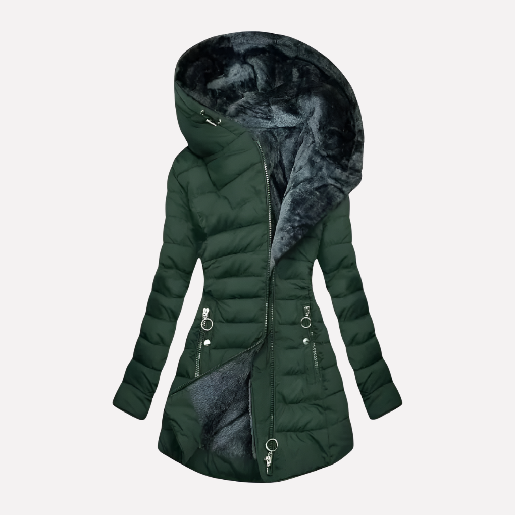 Cozy women's cold weather outerwear: a warm, mid-length hooded jacket with a functional zipper for winter.