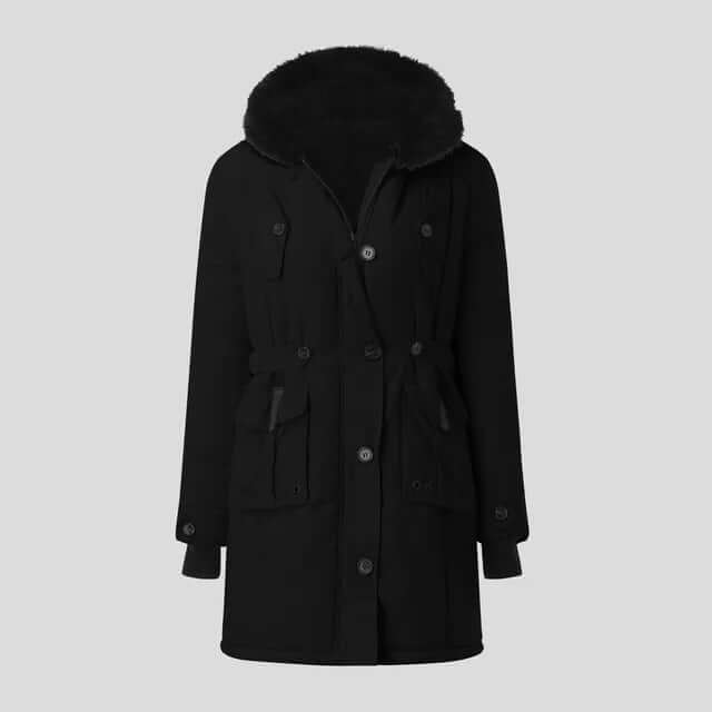 Women's warm winter parka with luxurious faux fur hood, stylish outerwear for cold weather.