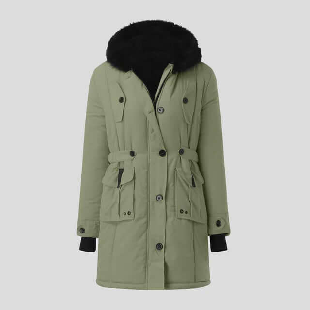 Stylish women's hooded polyester parka, featuring a cozy faux fur trim for ultimate winter warmth.