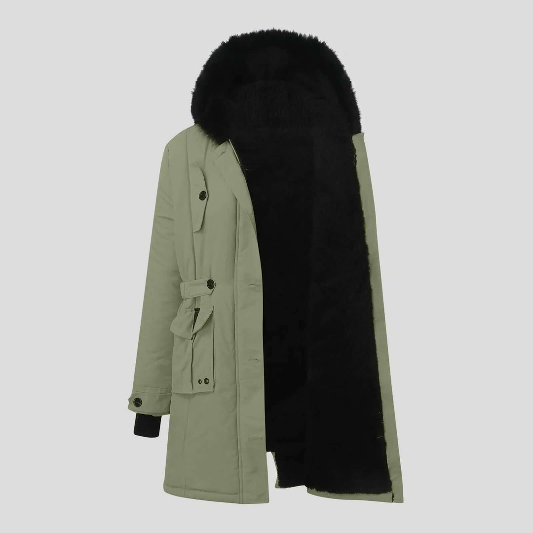 Stay warm in this women's winter coat; elegant parka with a luxurious faux fur hood, perfect for cold days.