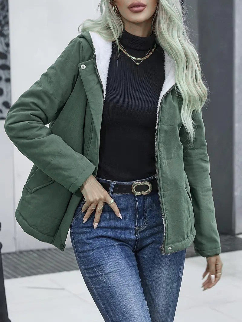 Cozy women's hooded zip-up winter jacket, perfect for daily wear & cold.