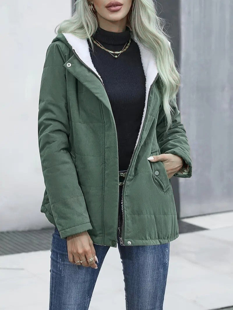 Women's lightweight yet warm hooded winter jacket, zip-front for easy wear.