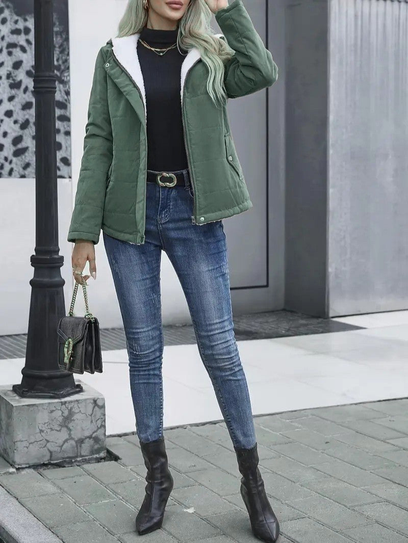 Women's stylish hooded winter coat, zip-up design, perfect for warmth & trends.
