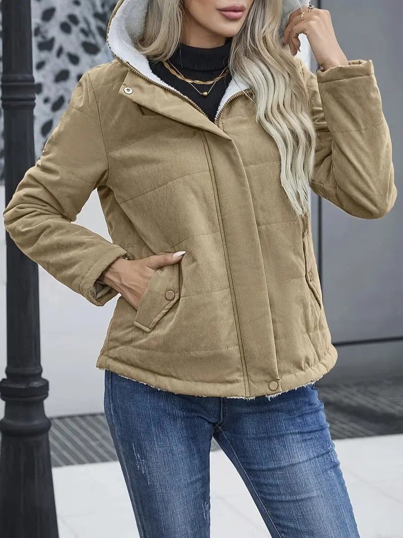 Fashionable women's winter outerwear, hooded and zip-up, for chilly weather.