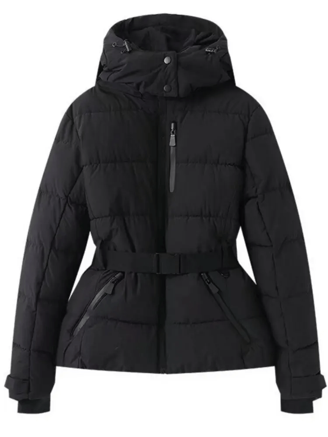 Glam women's belted puffer ski jacket, waterproof & insulated for ultimate warmth on the slopes.