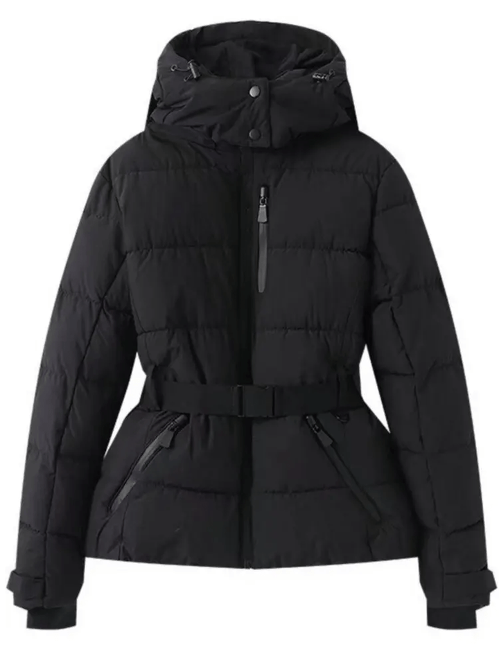 Glam women's belted puffer ski jacket, waterproof & insulated for ultimate warmth on the slopes.