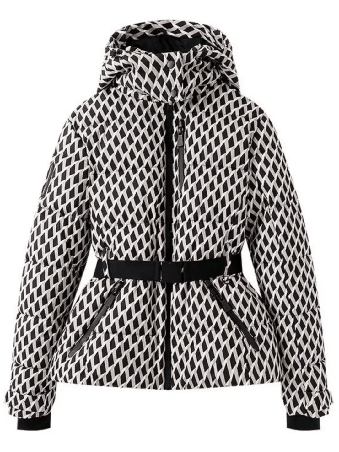 Warm women's insulated puffer ski jacket with waterproof shell & adjustable belt for comfortable snow adventures.